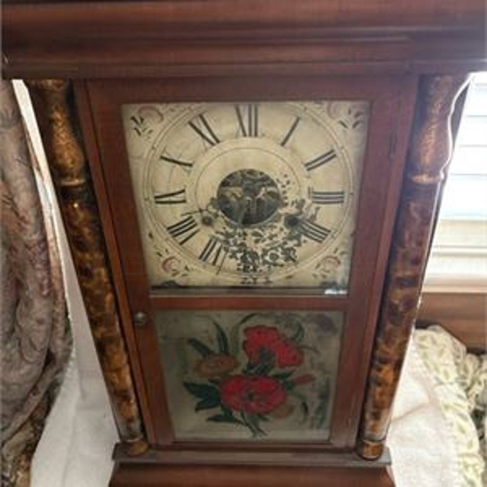 Antique Seth Thomas Ogee Shelf Clock Reverse Painted Tablet Burl Columns As Is